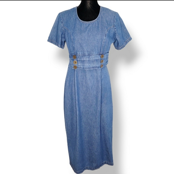 Vintage Dresses & Skirts - Vintage Denim Dress Size 8 Blue Maxi Short Sleeve Tie Back Slit 80s New Wave